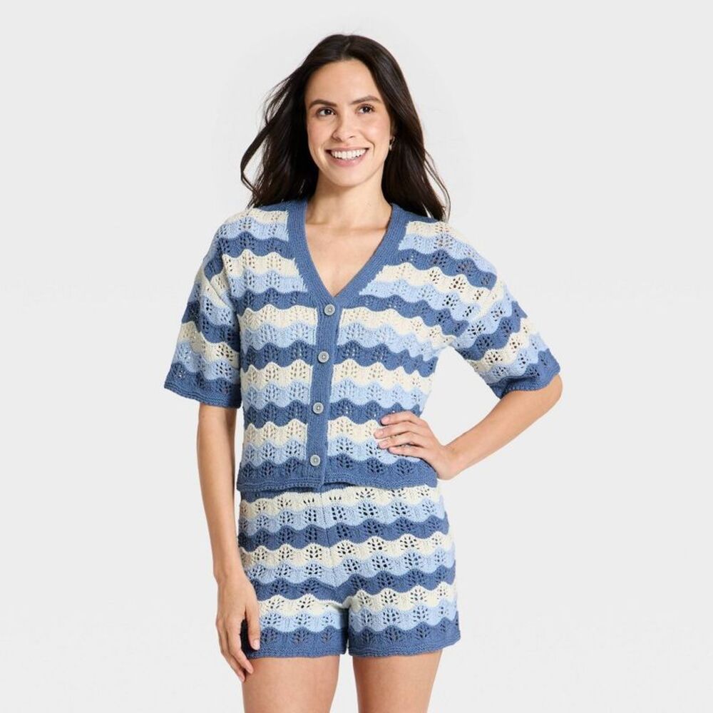 Blue & Cream Striped Crochet V-Neck Short Sleeve Sweater